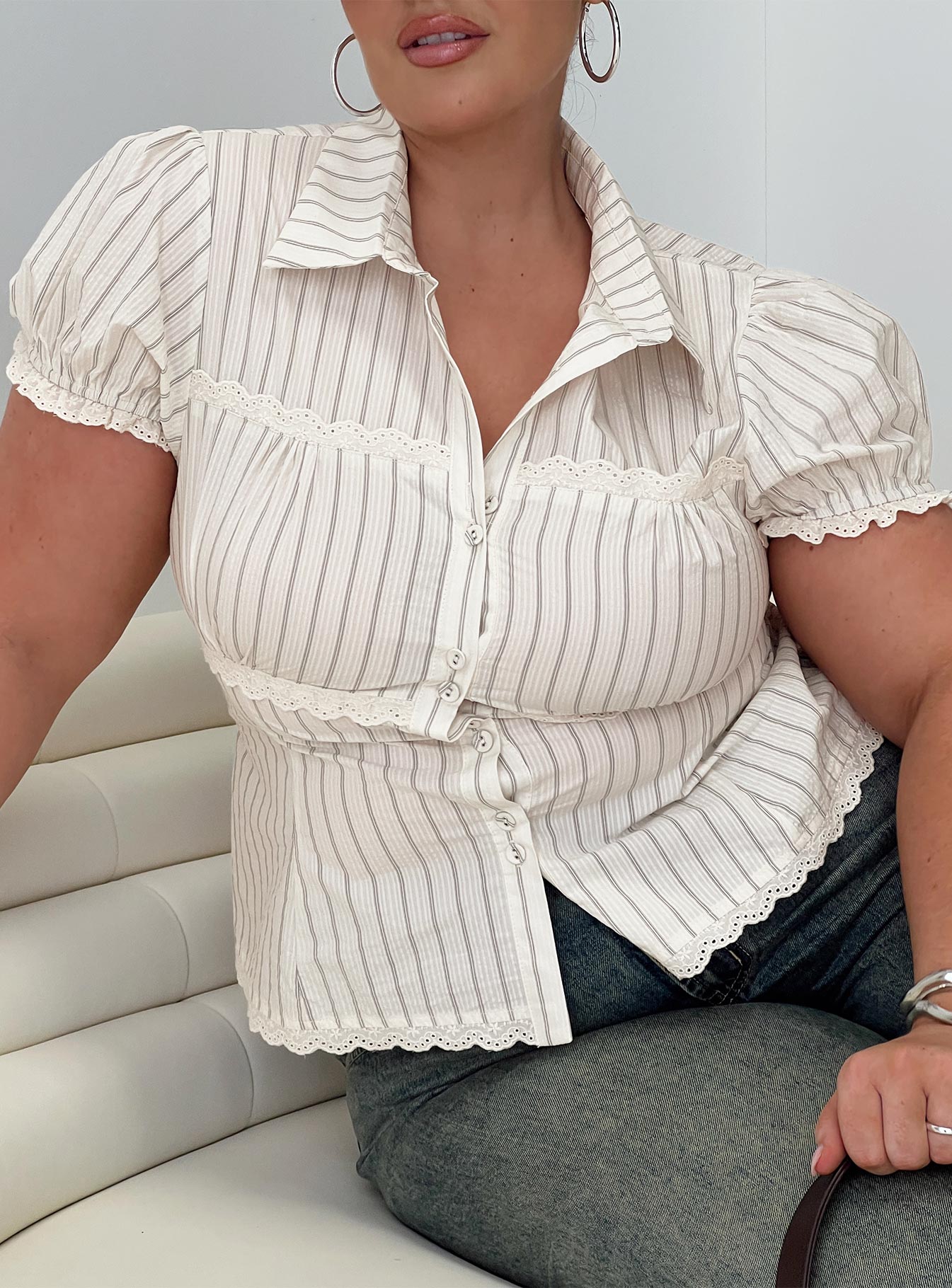 Deserve You Puff Sleeve Button Front Top Cream Stripe Curve