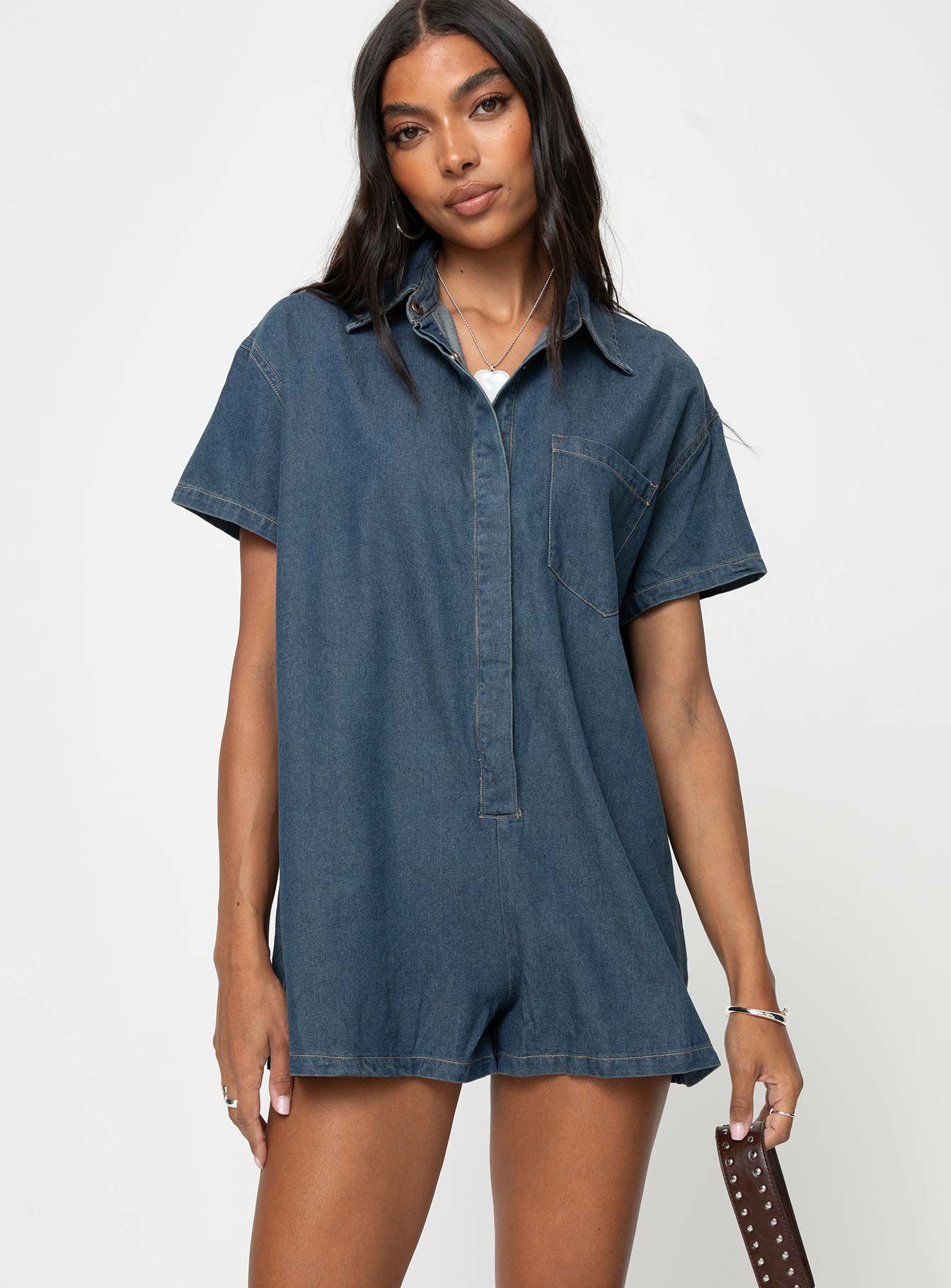 Dottey Denim Romper Dark Wash