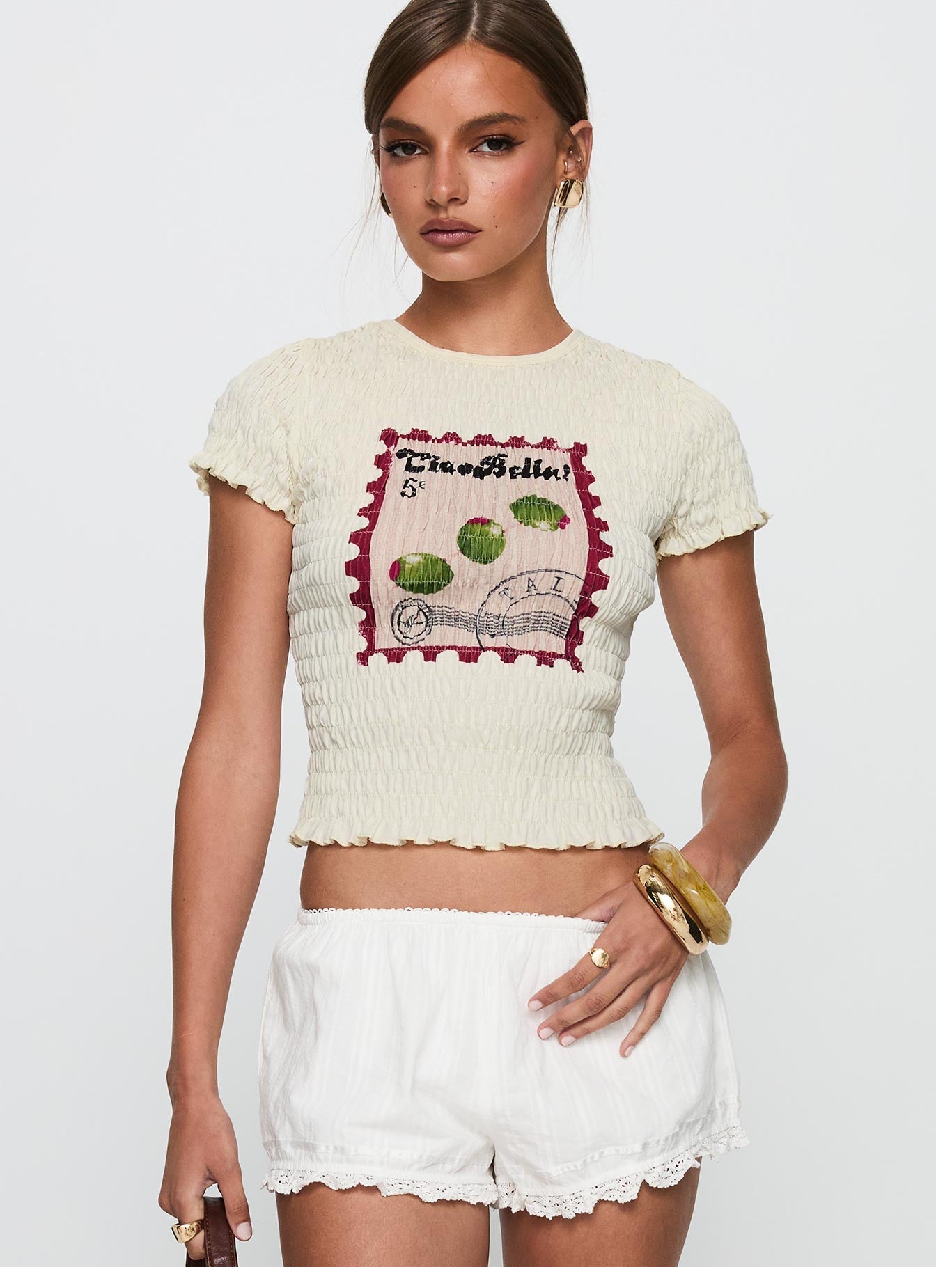 Ciao Bella Shirred Graphic Top Cream