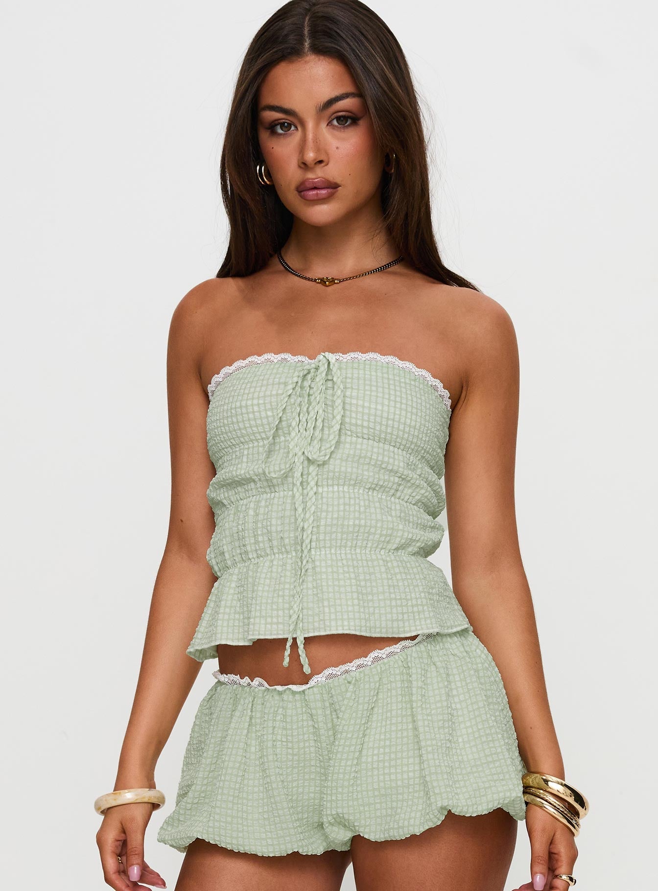 Short And Sweet Strapless Top Green Check