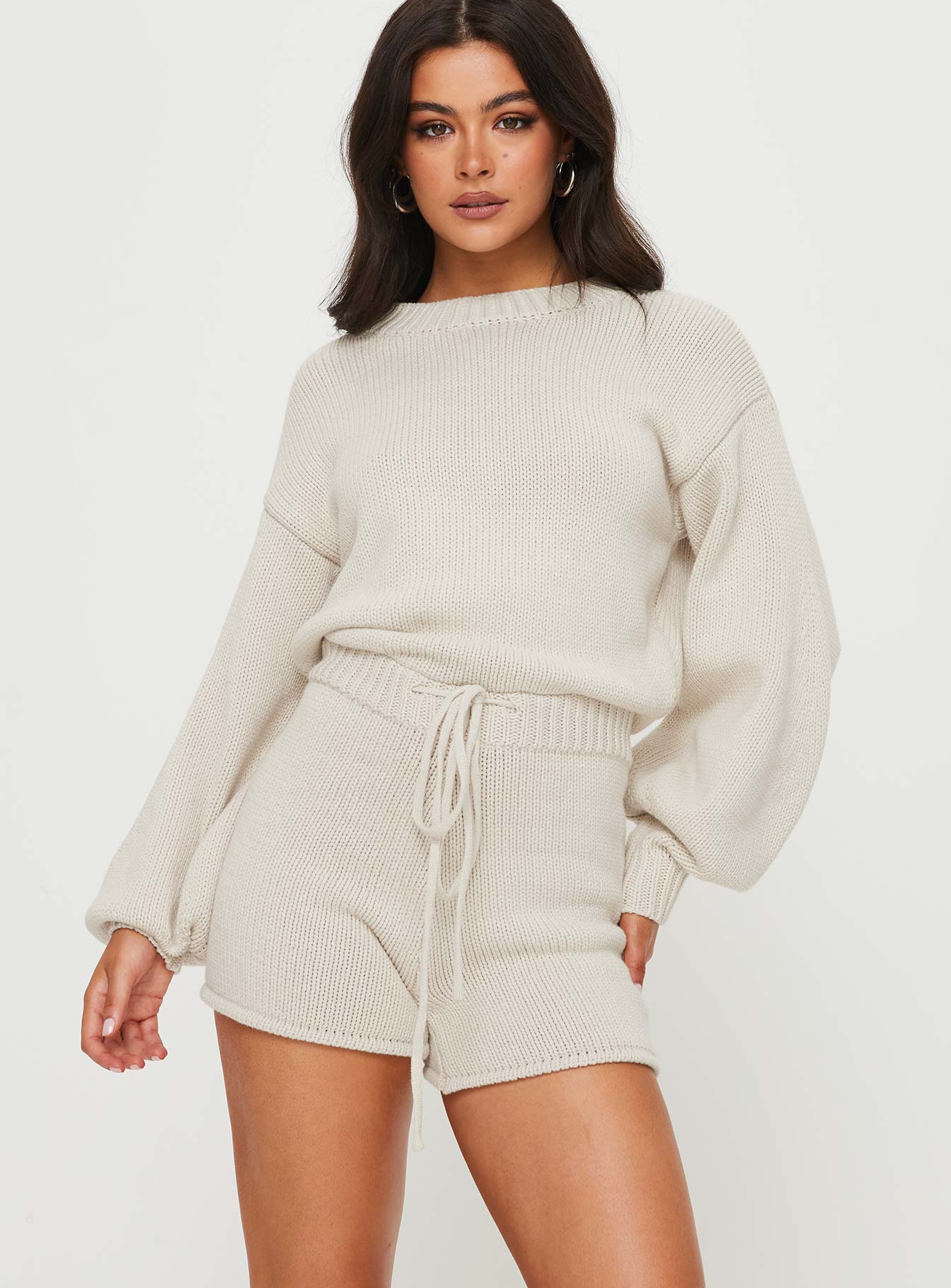 Harmony Balloon Sleeve Knit Romper Beige