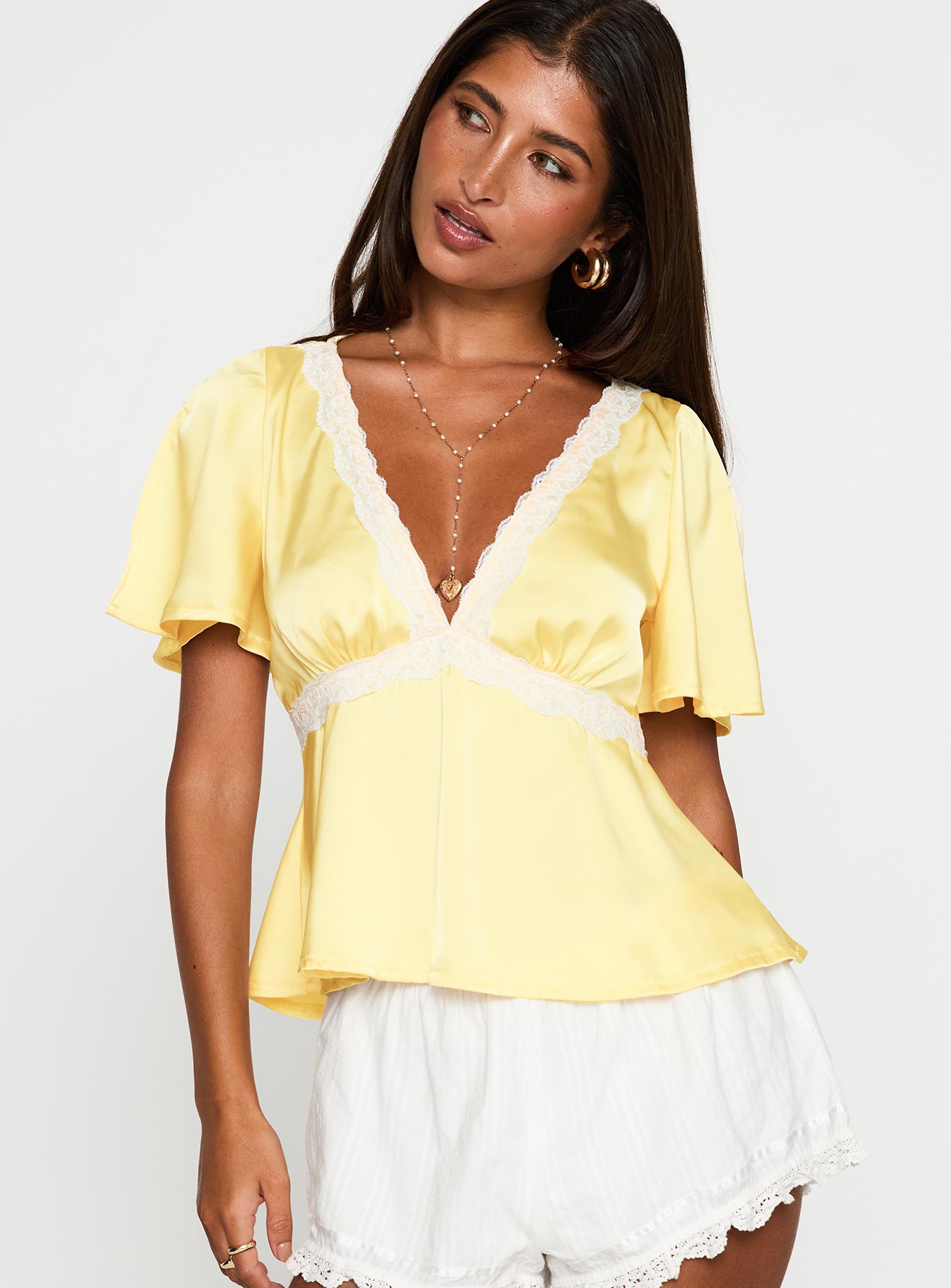 For The Summer Lace Trim Top Yellow