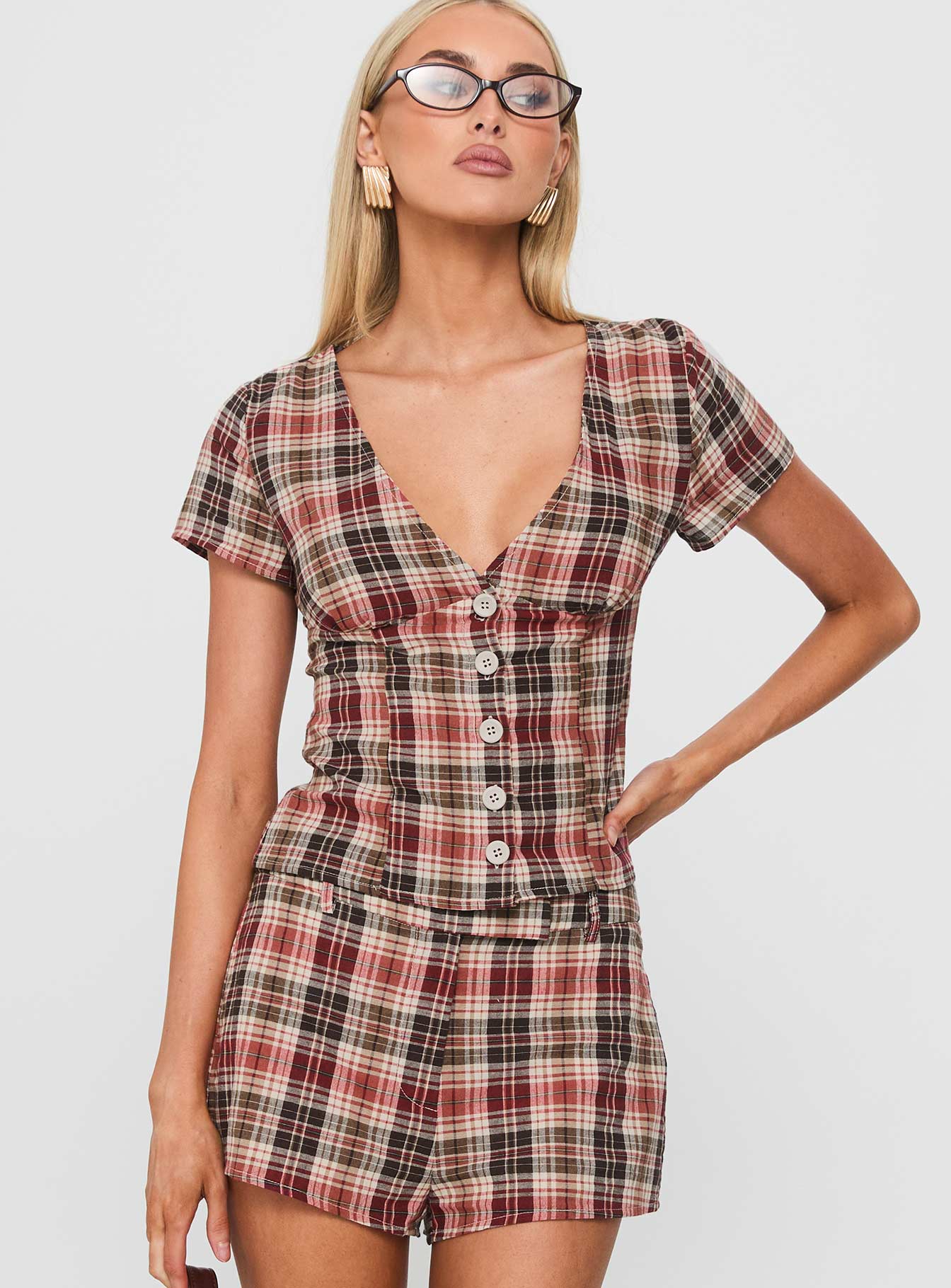 Odera Button Up Blouse Top Red Check