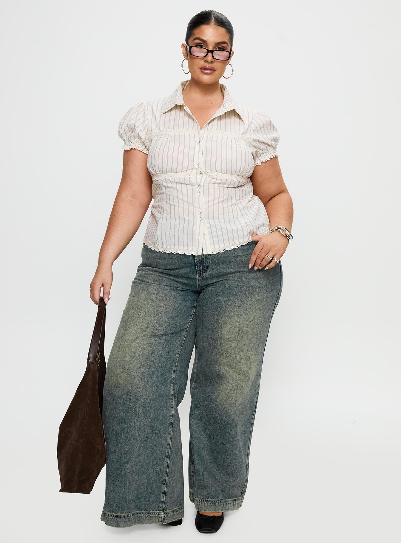 Deserve You Puff Sleeve Button Front Top Cream Stripe Curve