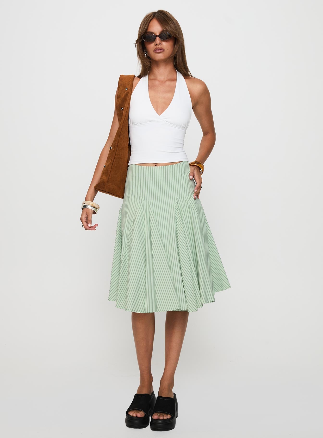 Evangaleine Pleat Midi Skirt Green / White