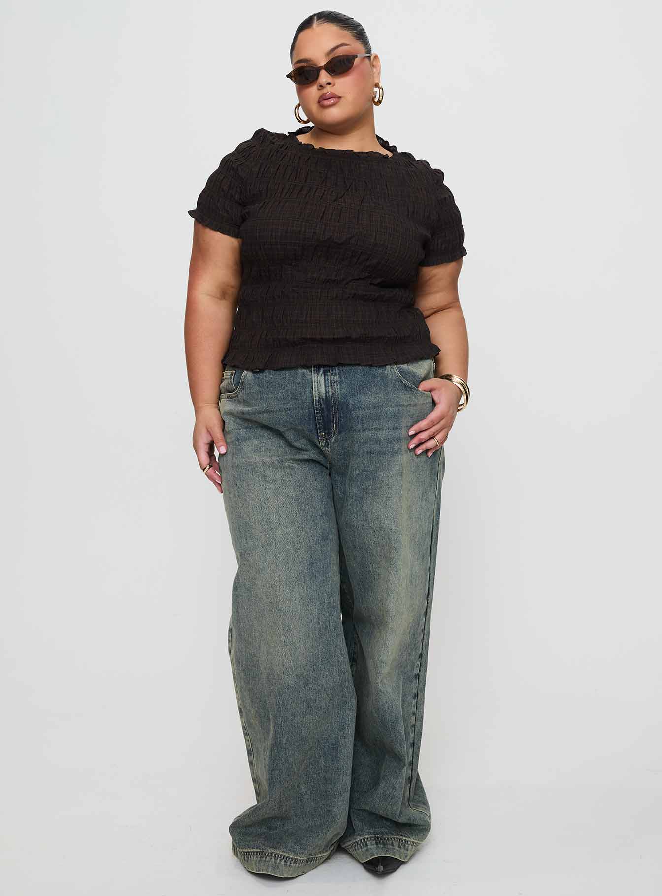 Romelle Shirred Top Black / Brown Plaid