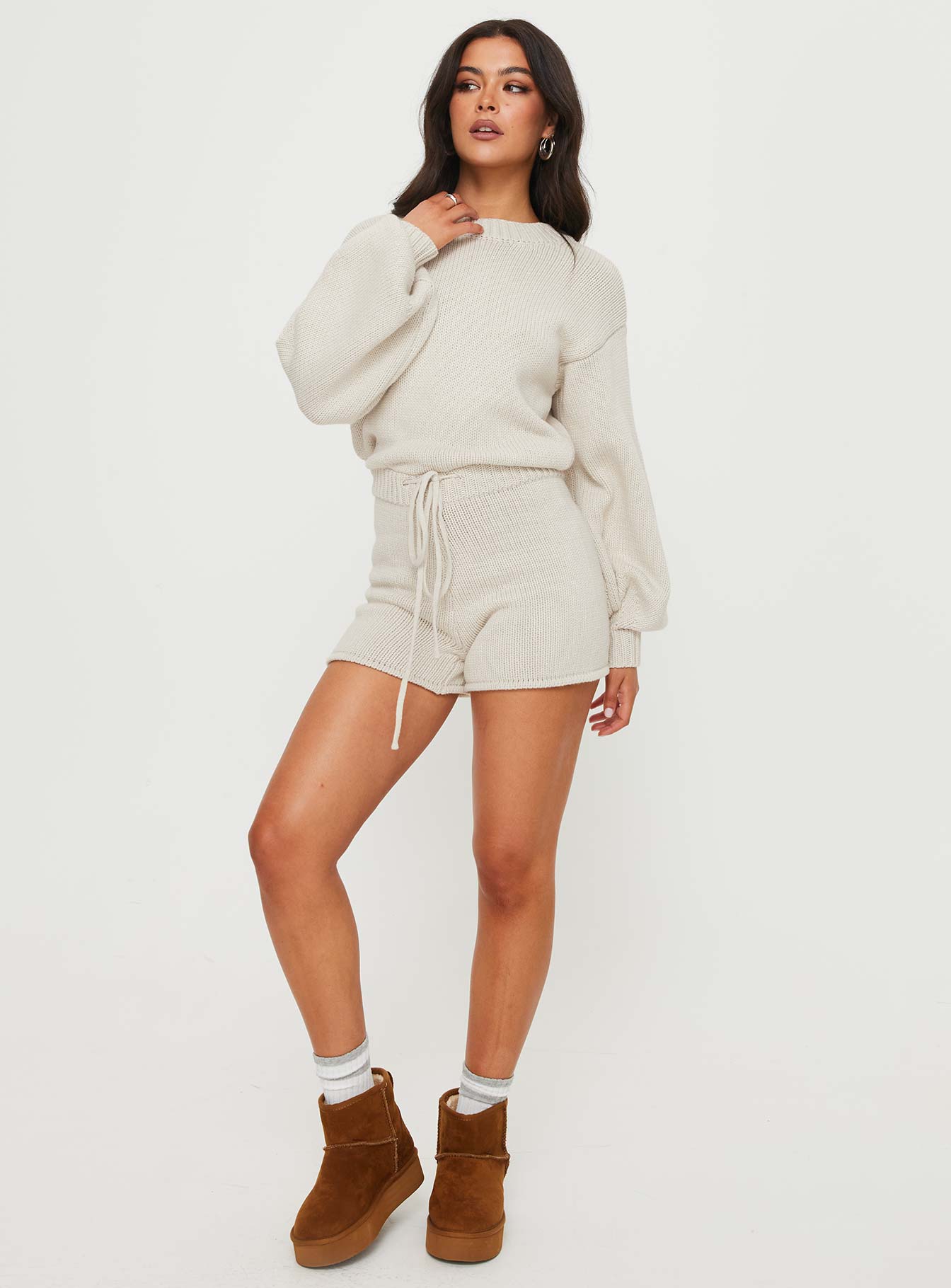Harmony Balloon Sleeve Knit Romper Beige