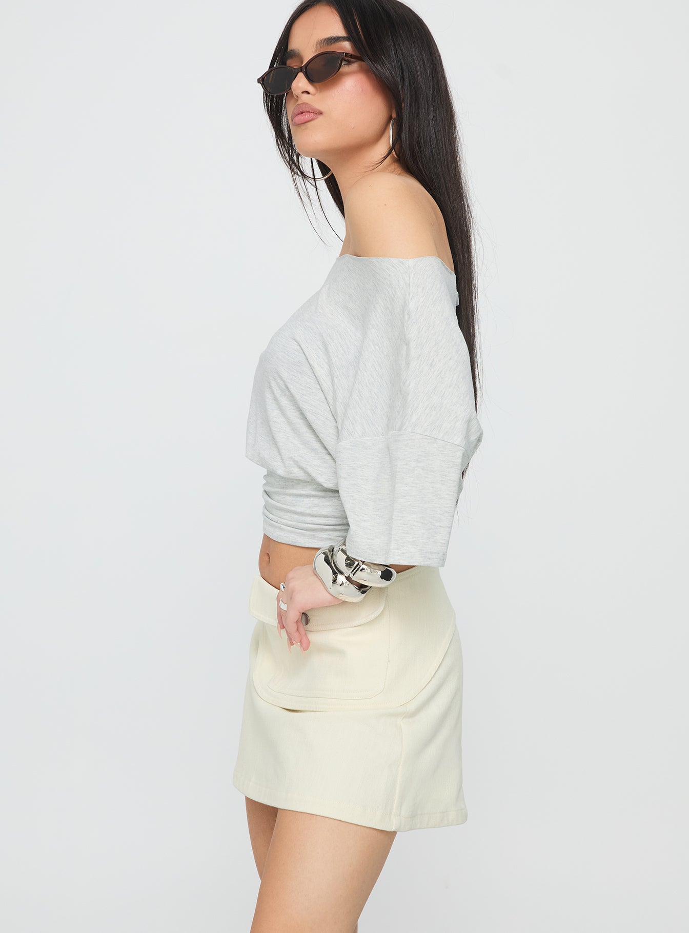 Supersonic Belted Denim Mini Skirt Ivory