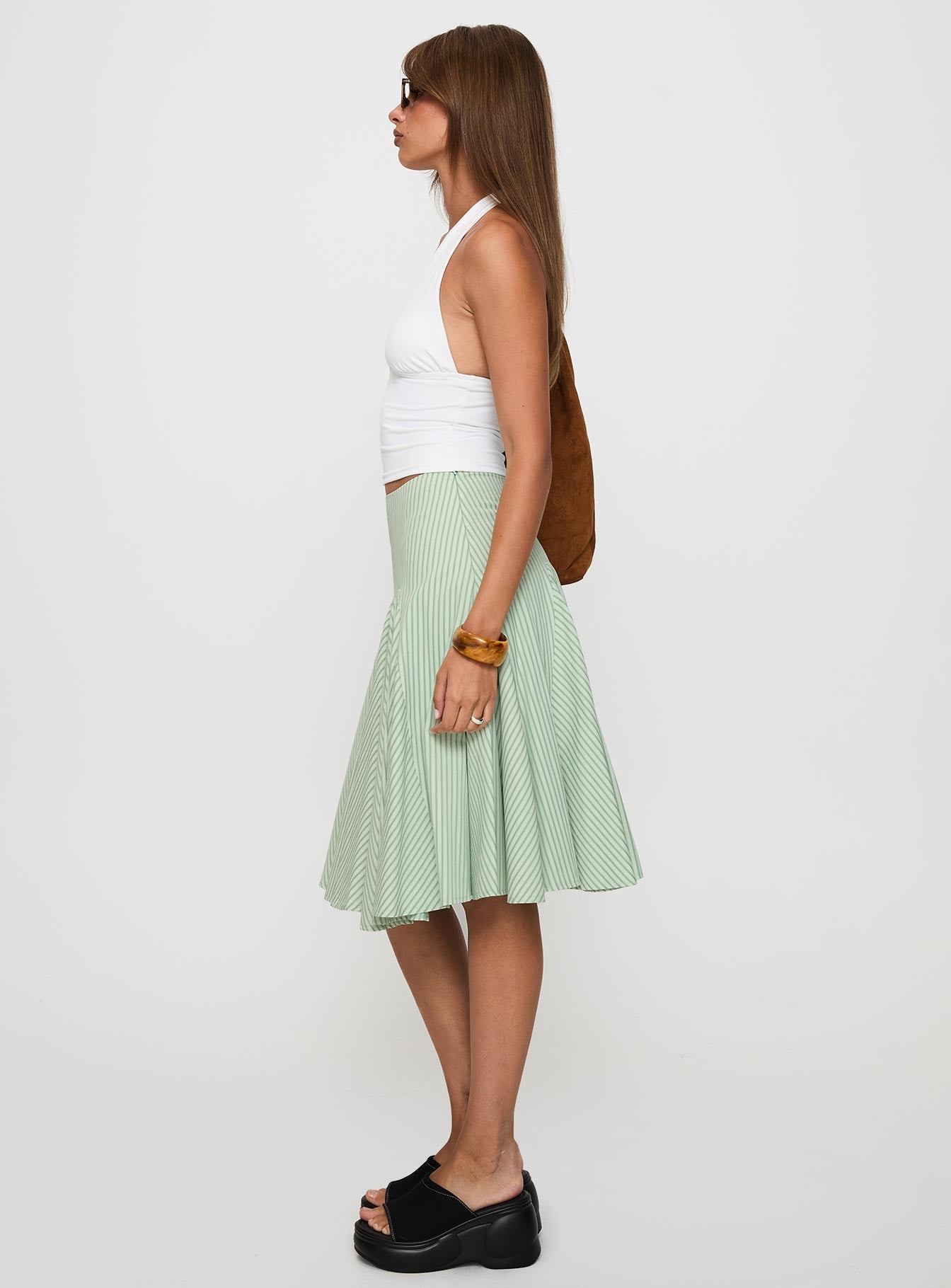 Evangaleine Pleat Midi Skirt Green / White