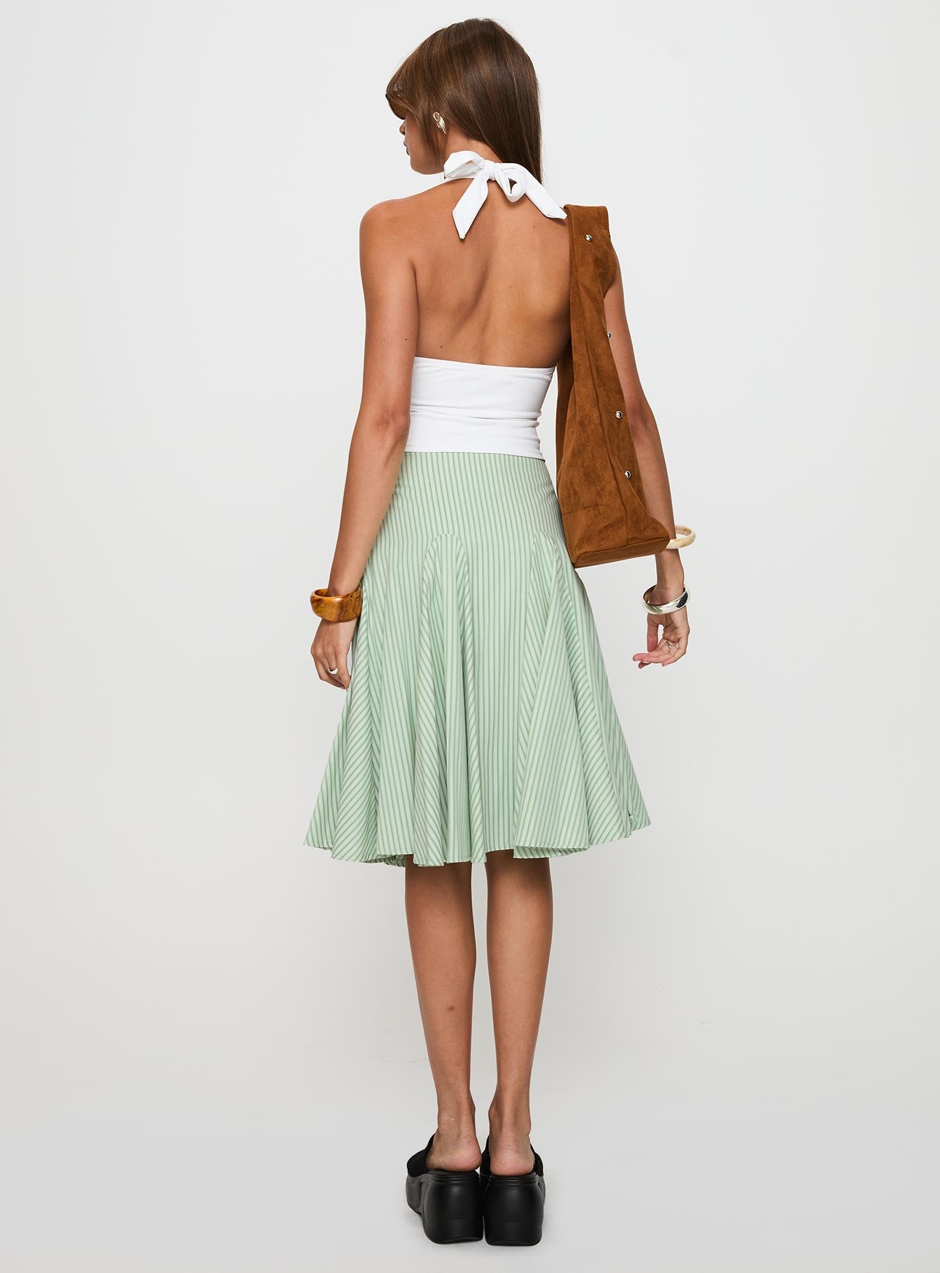 Evangaleine Pleat Midi Skirt Green / White