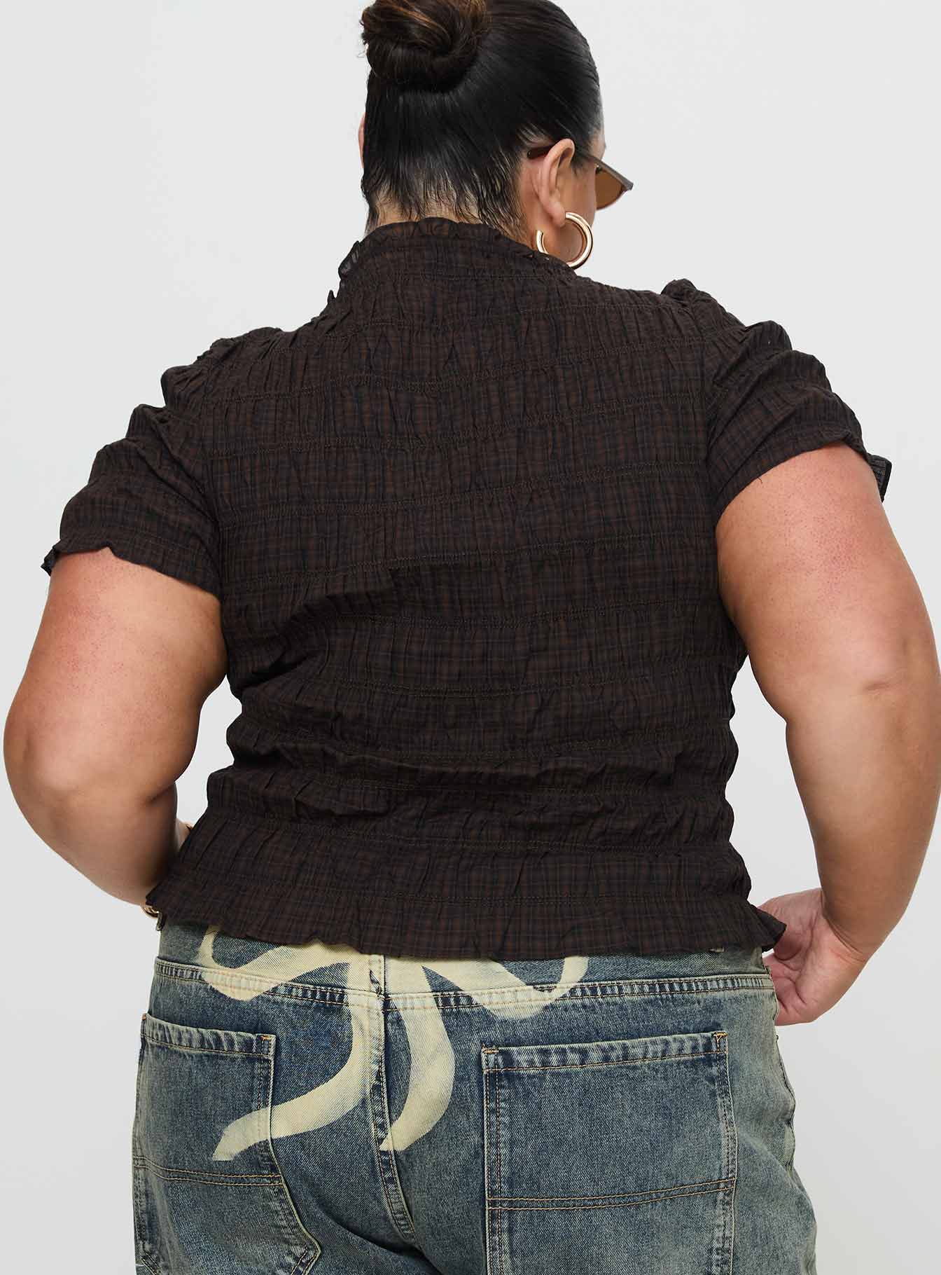 Romelle Shirred Top Black / Brown Plaid