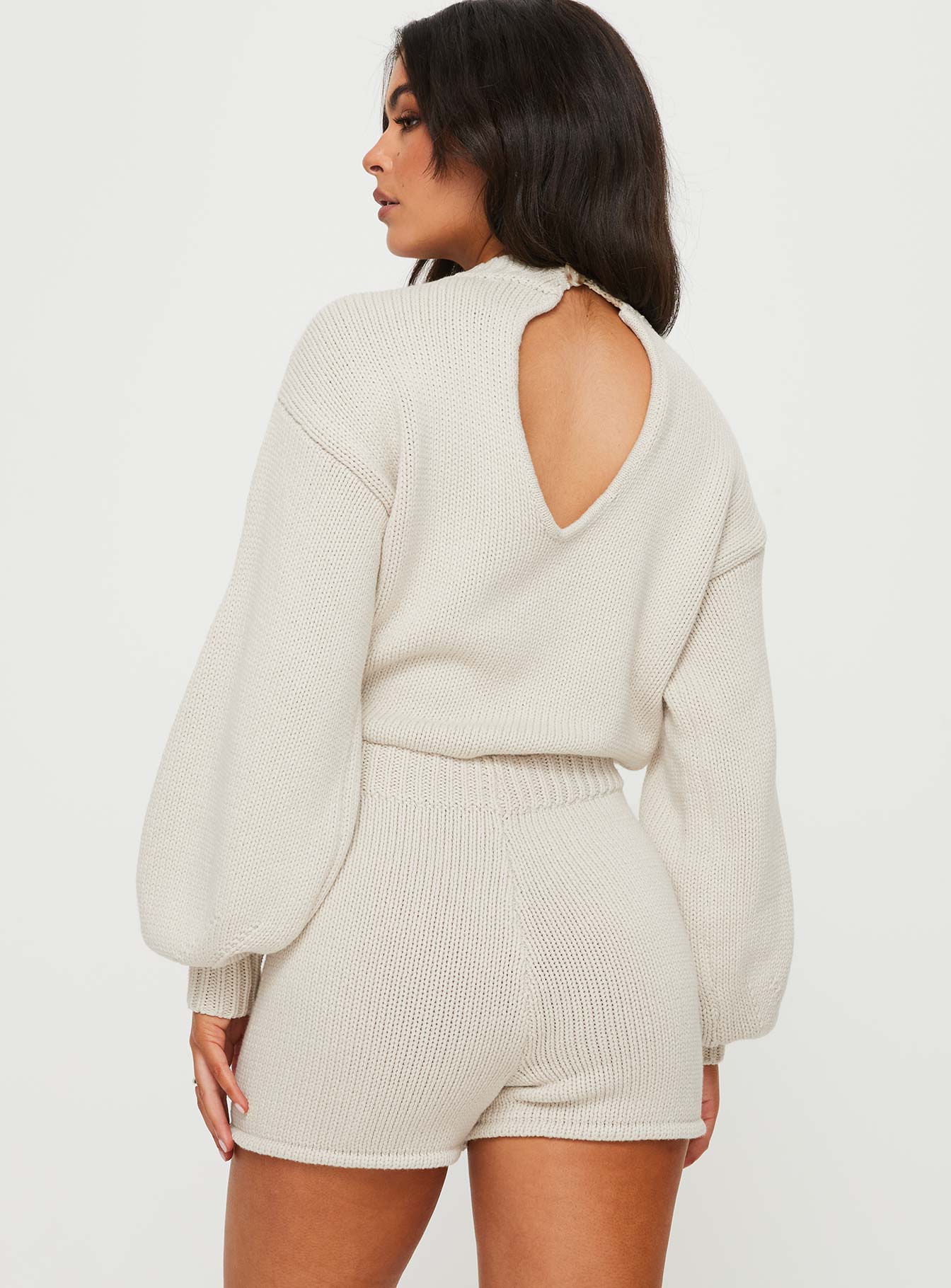 Harmony Balloon Sleeve Knit Romper Beige