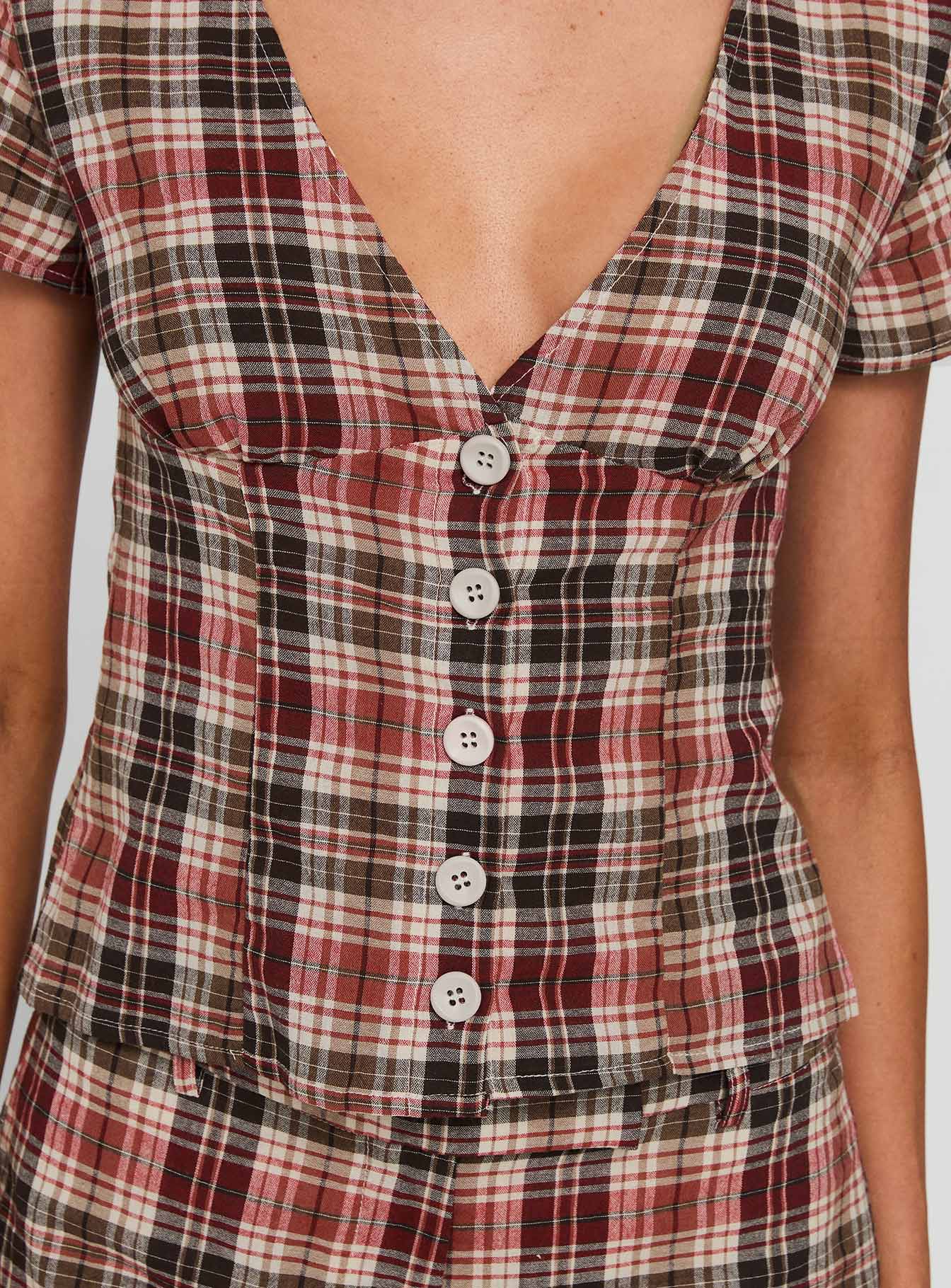 Odera Button Up Blouse Top Red Check