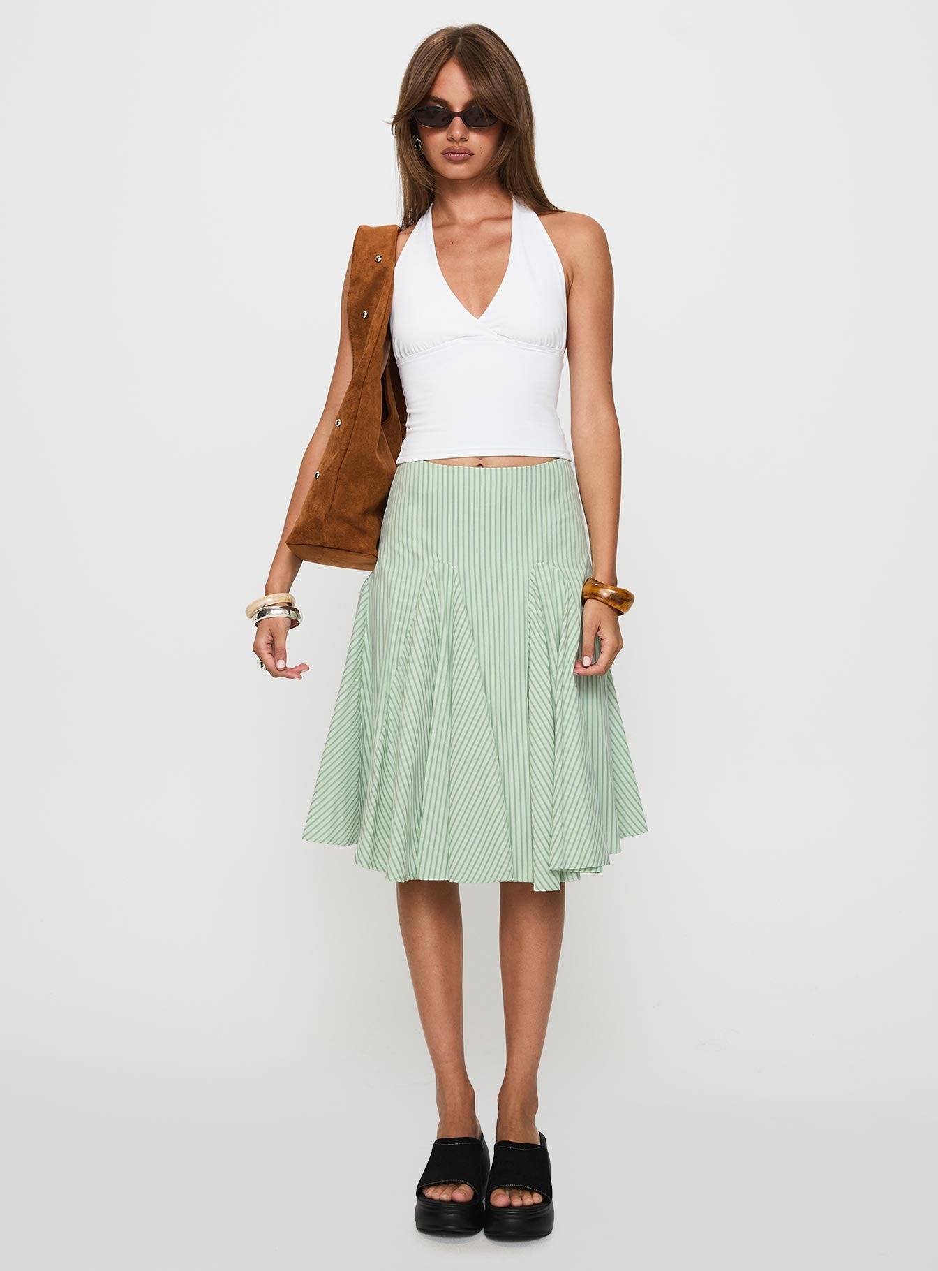 Evangaleine Pleat Midi Skirt Green / White