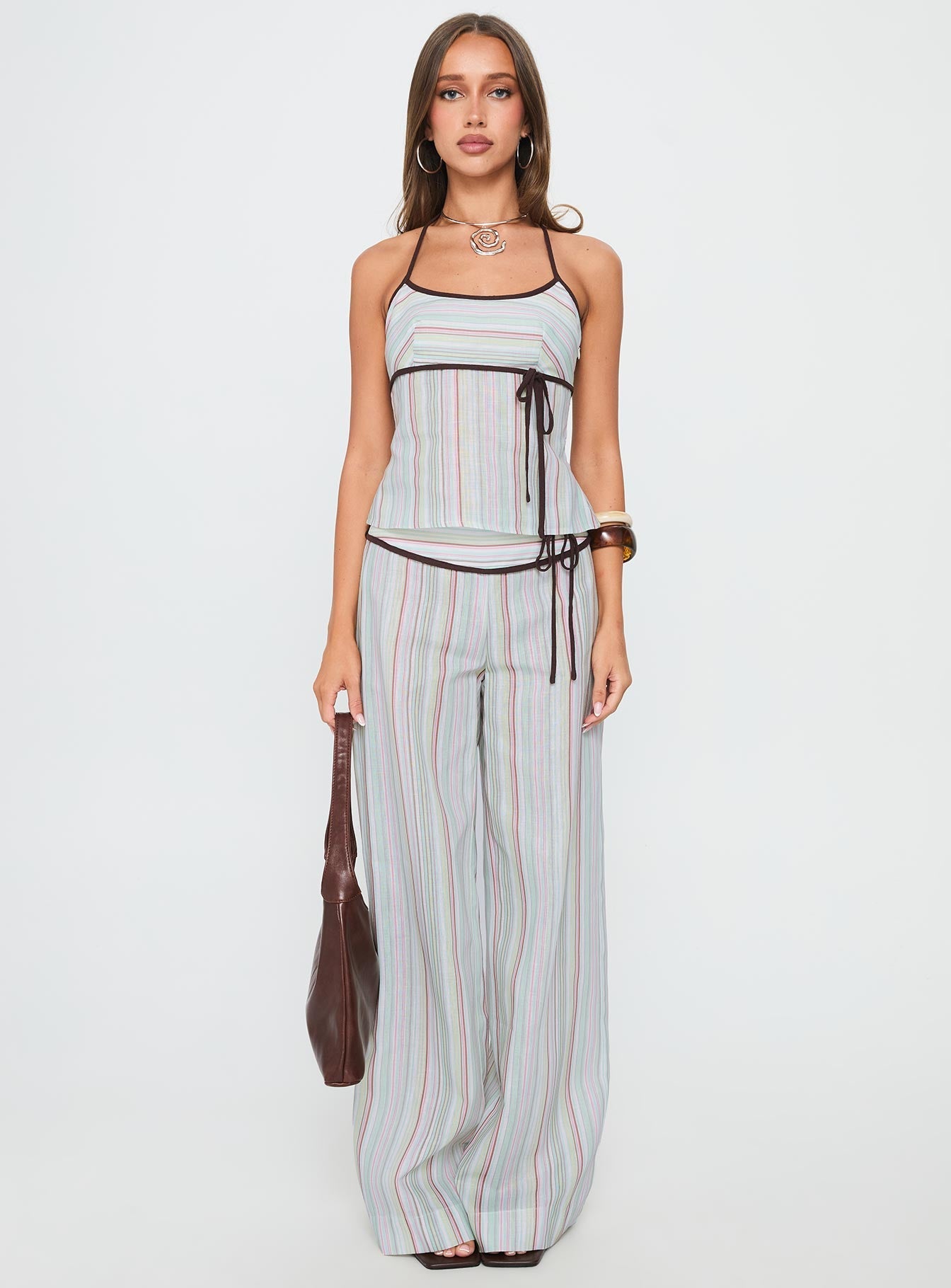 Taylar Thick Waistband Tie Pants Green Stripe