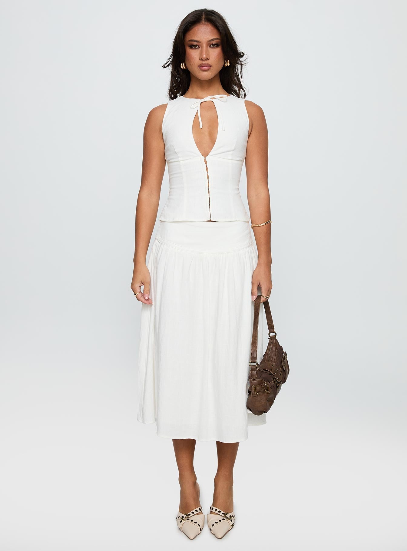 Heart Of Gold Linen Blend Midi Skirt White