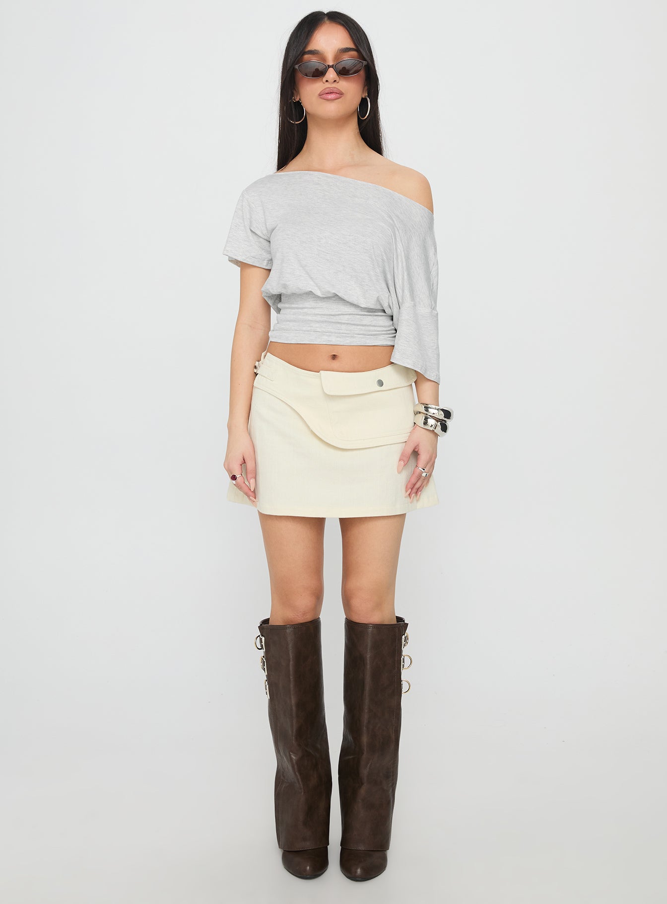 Supersonic Belted Denim Mini Skirt Ivory