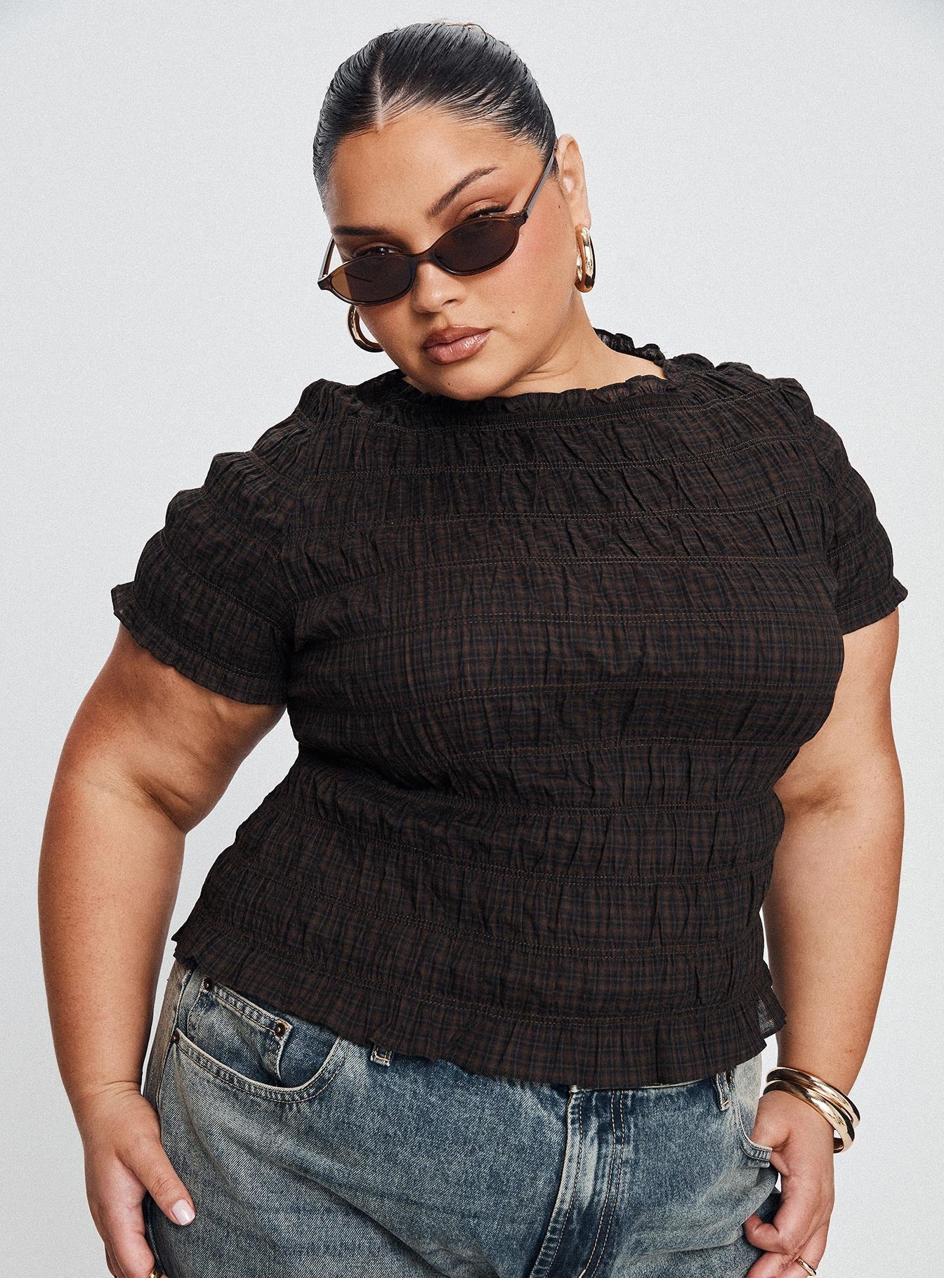 Romelle Shirred Top Black / Brown Plaid