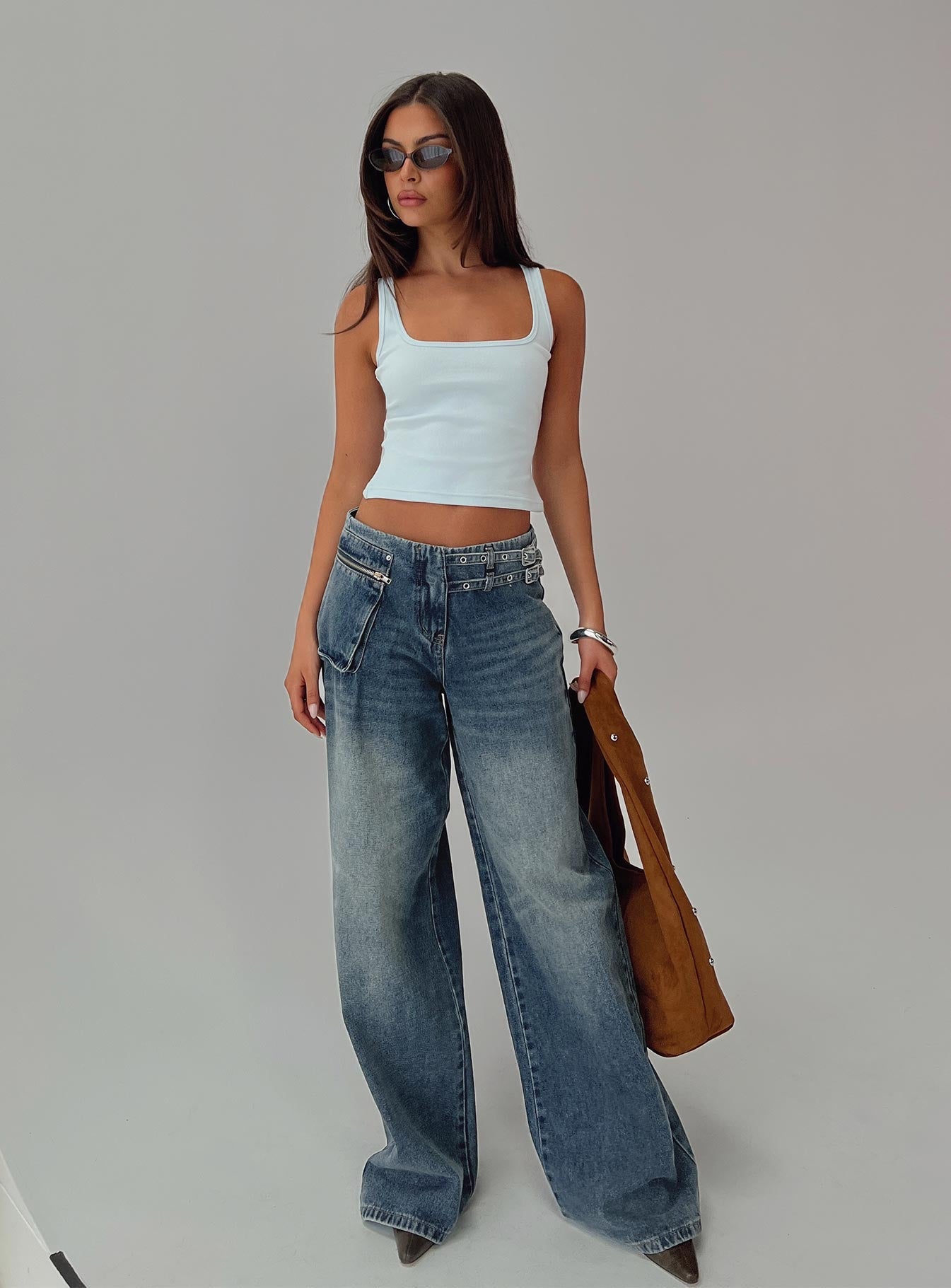Paltrow Mid Rise Wide Leg Cargo Jeans Mid Blue Wash
