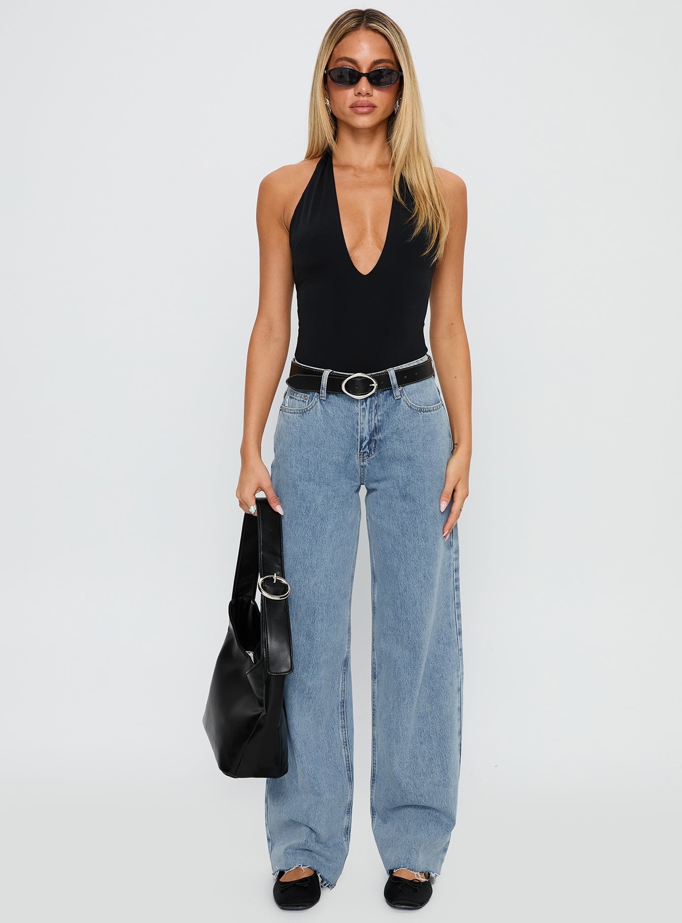 Kendrae Plunge Halter Bodysuit Black