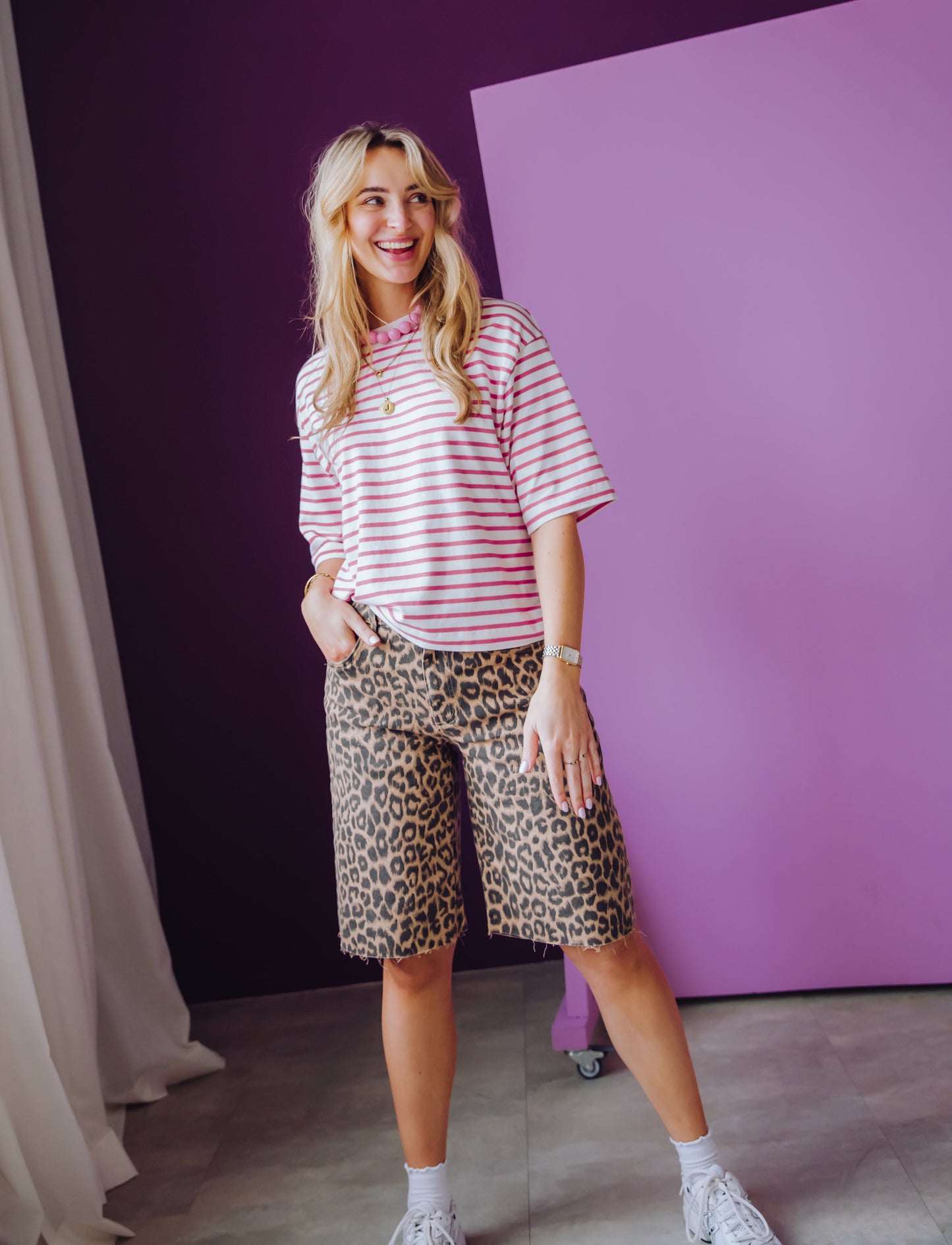 Loose Fit Leopard Jorts - Grey Morn