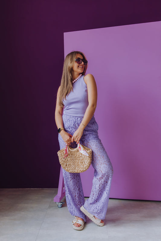 Pull On Lace Trousers - Purple Sky