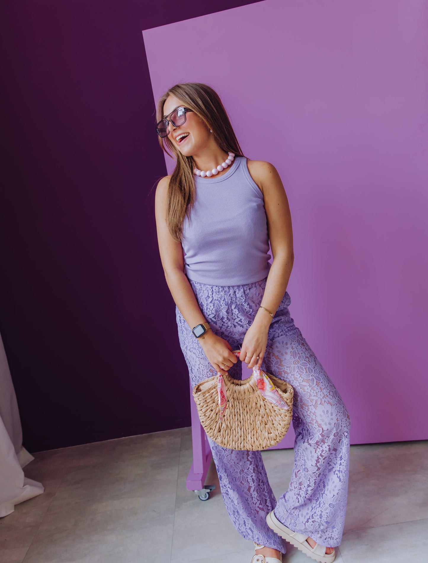 Pull On Lace Trousers - Purple Sky