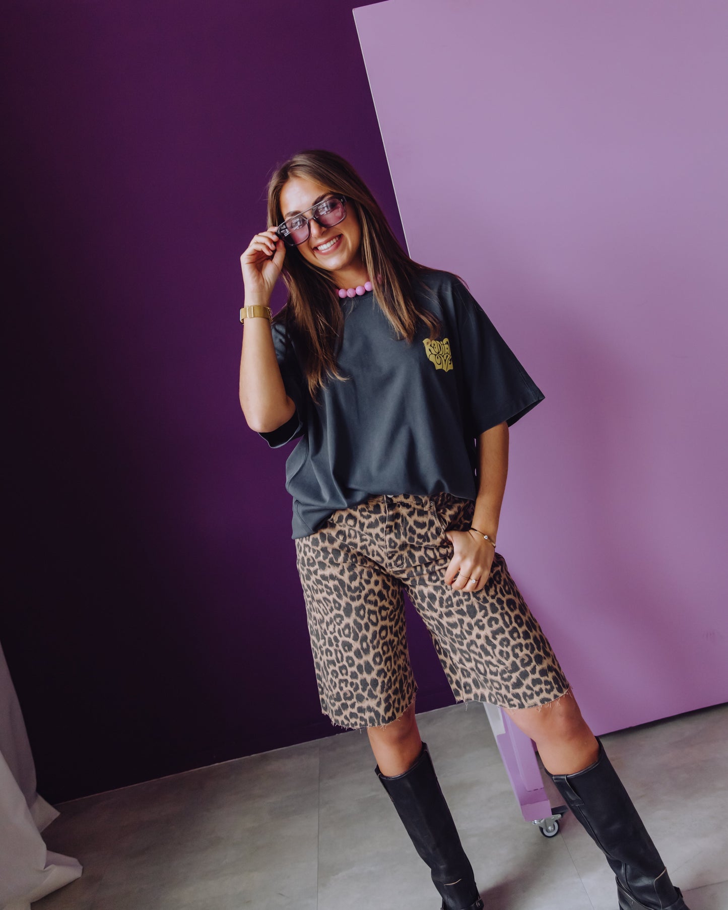 Loose Fit Leopard Jorts - Grey Morn