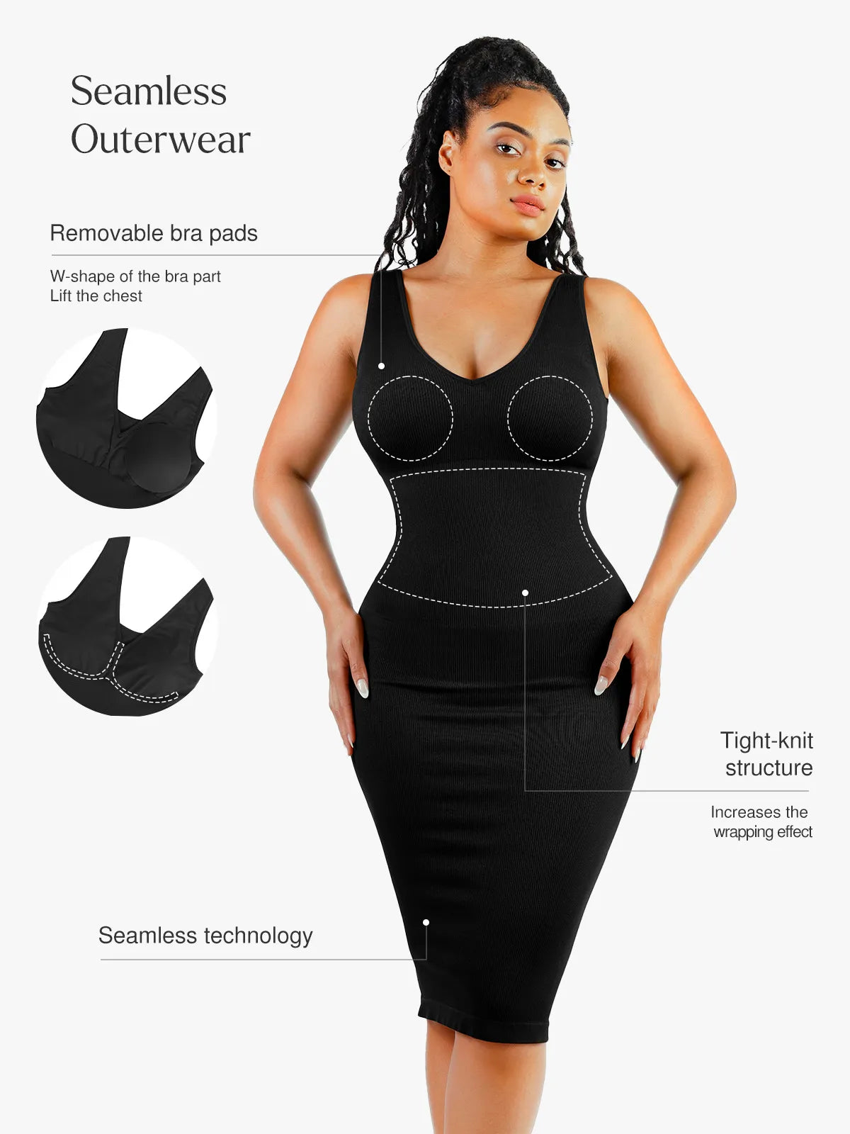 Shapewear Deep V-Neck Tummy Control  Midi Dress