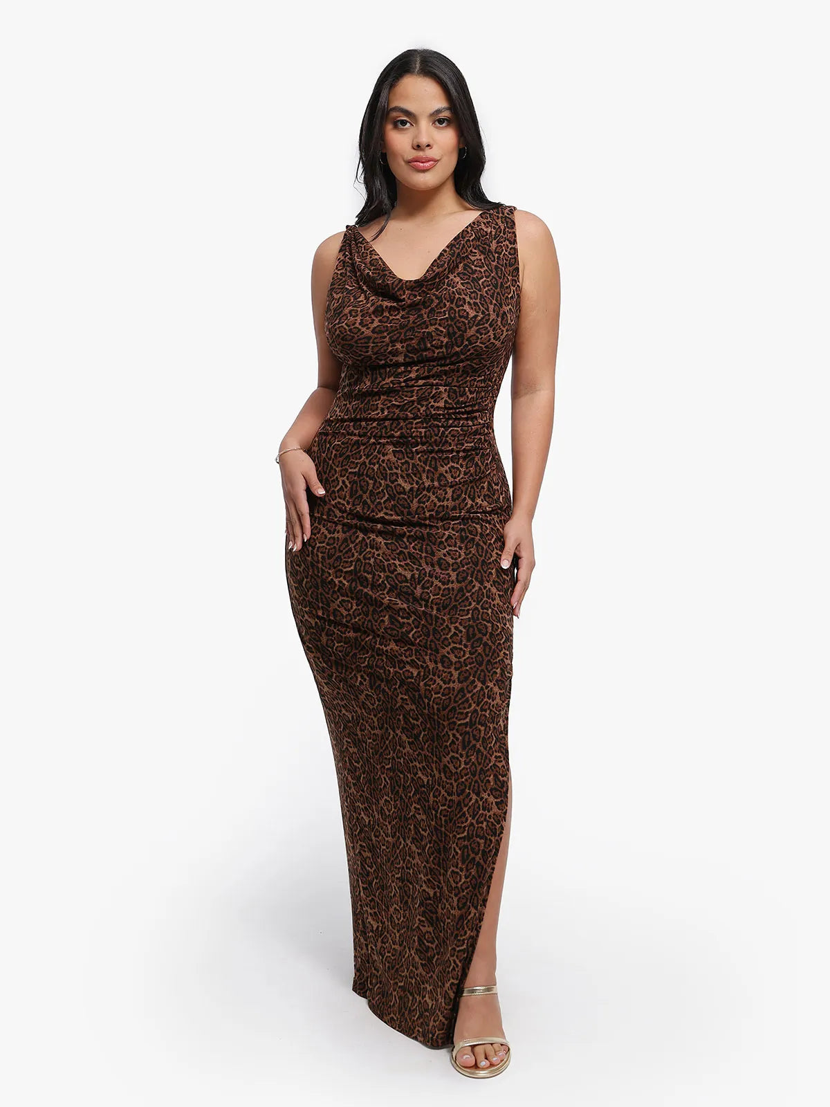 Shapewear Leopard Cowl Neck Ruched Sculpting Maxi Dress