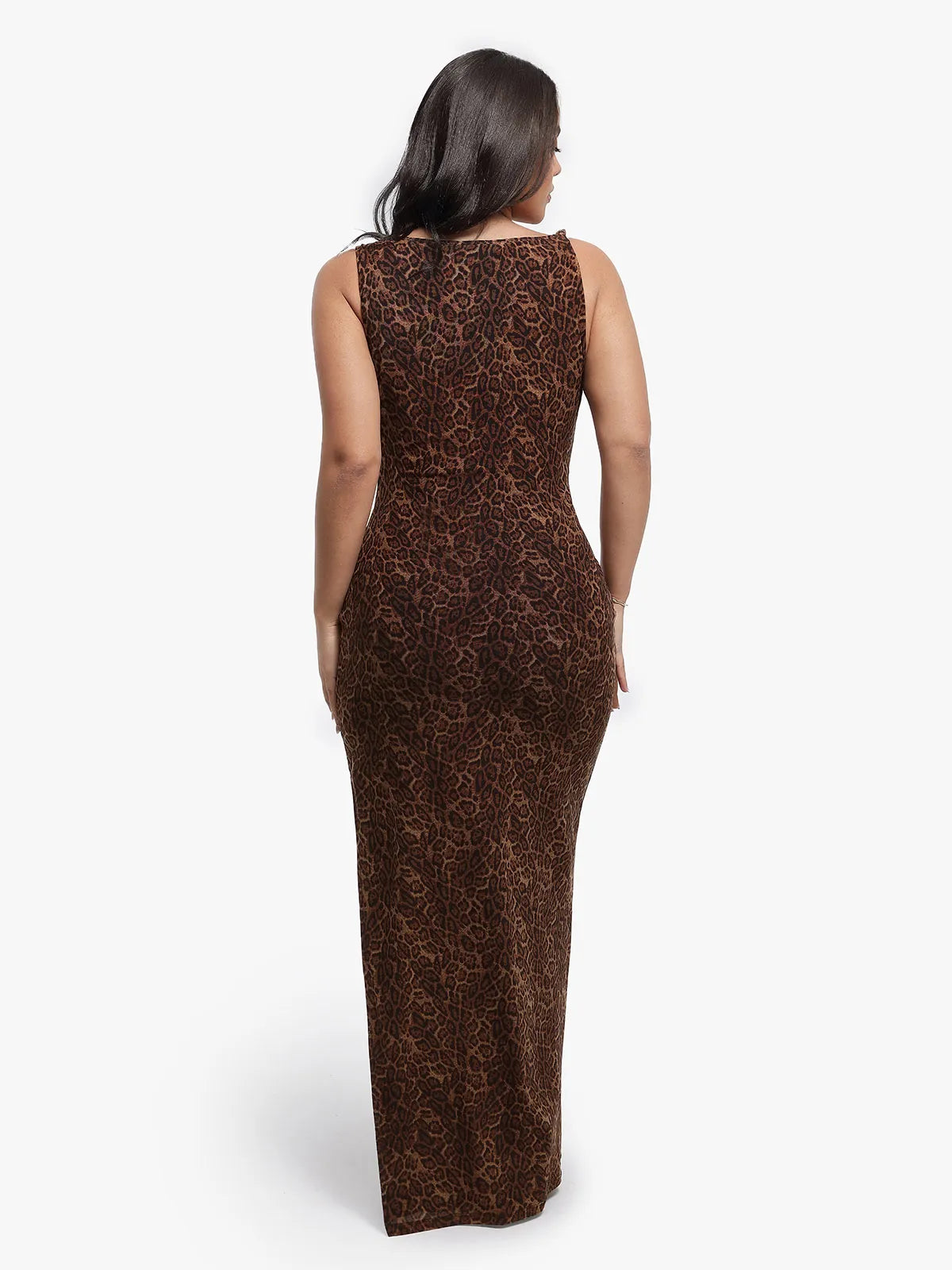 Shapewear Leopard Cowl Neck Ruched Sculpting Maxi Dress