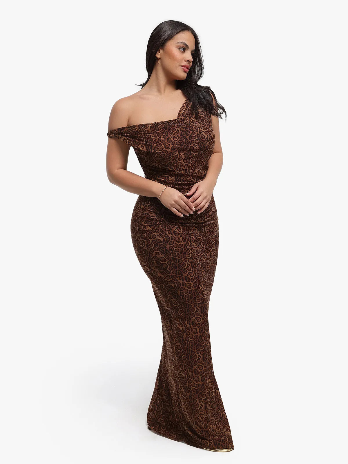 Shapewear Leopard Cowl Neck Ruched Sculpting Maxi Dress