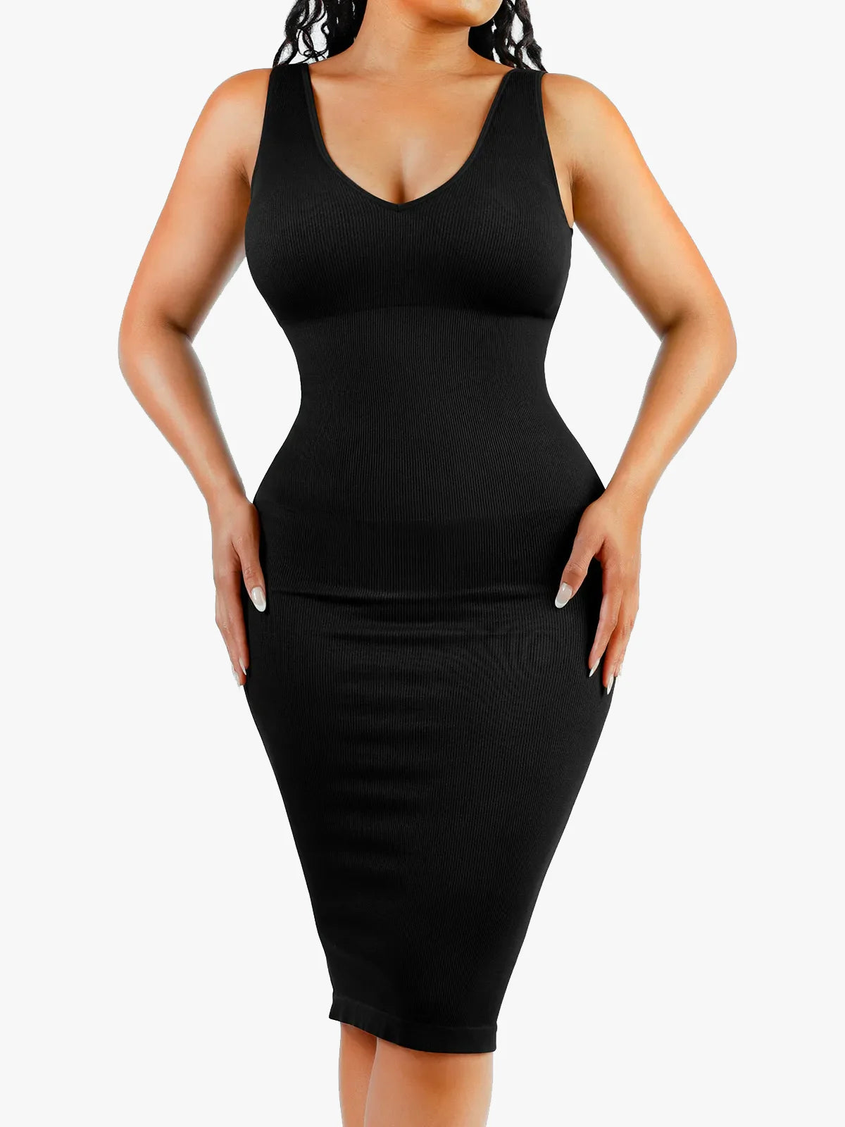 Shapewear Deep V-Neck Tummy Control  Midi Dress