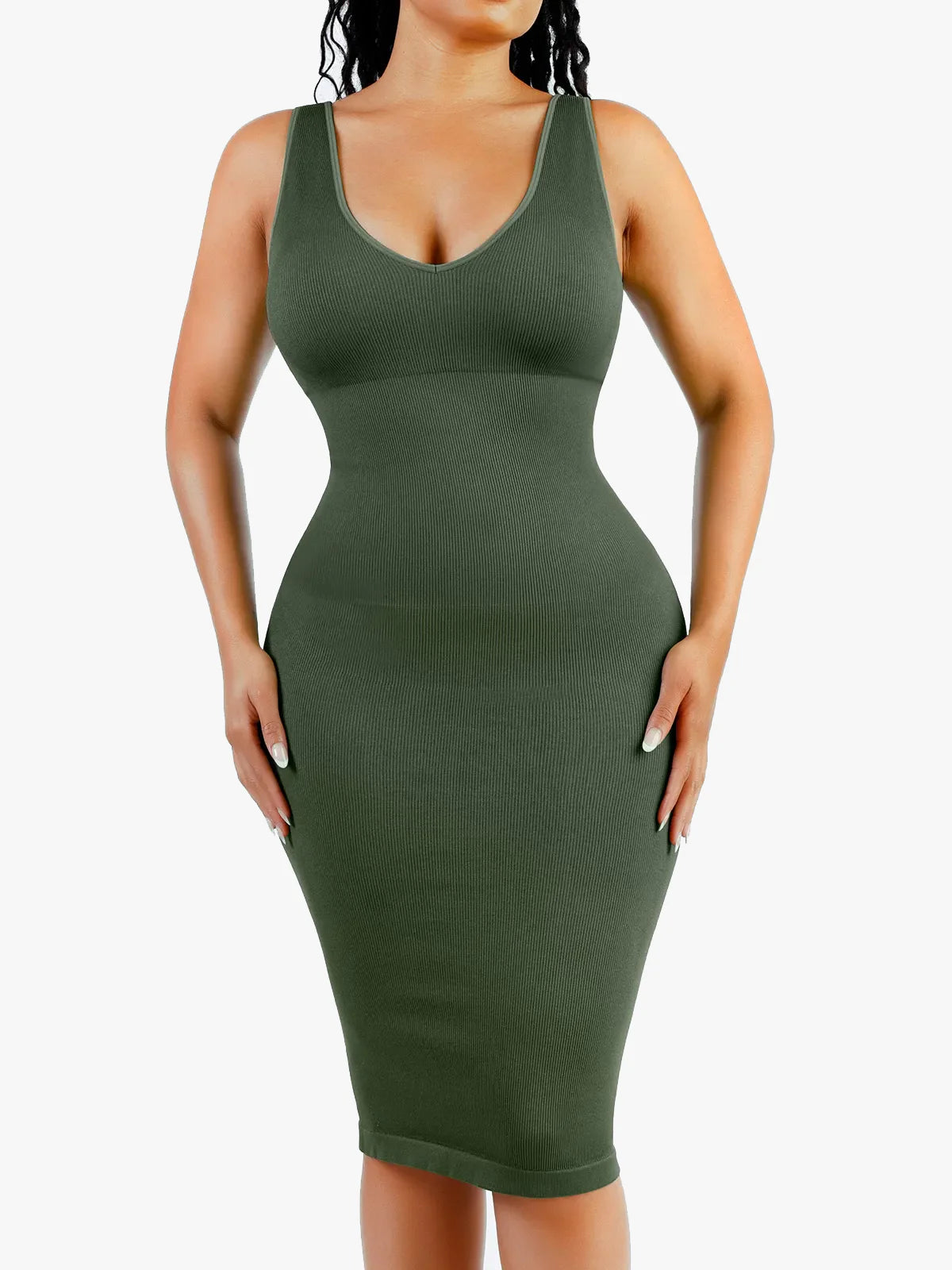 Shapewear Deep V-Neck Tummy Control  Midi Dress
