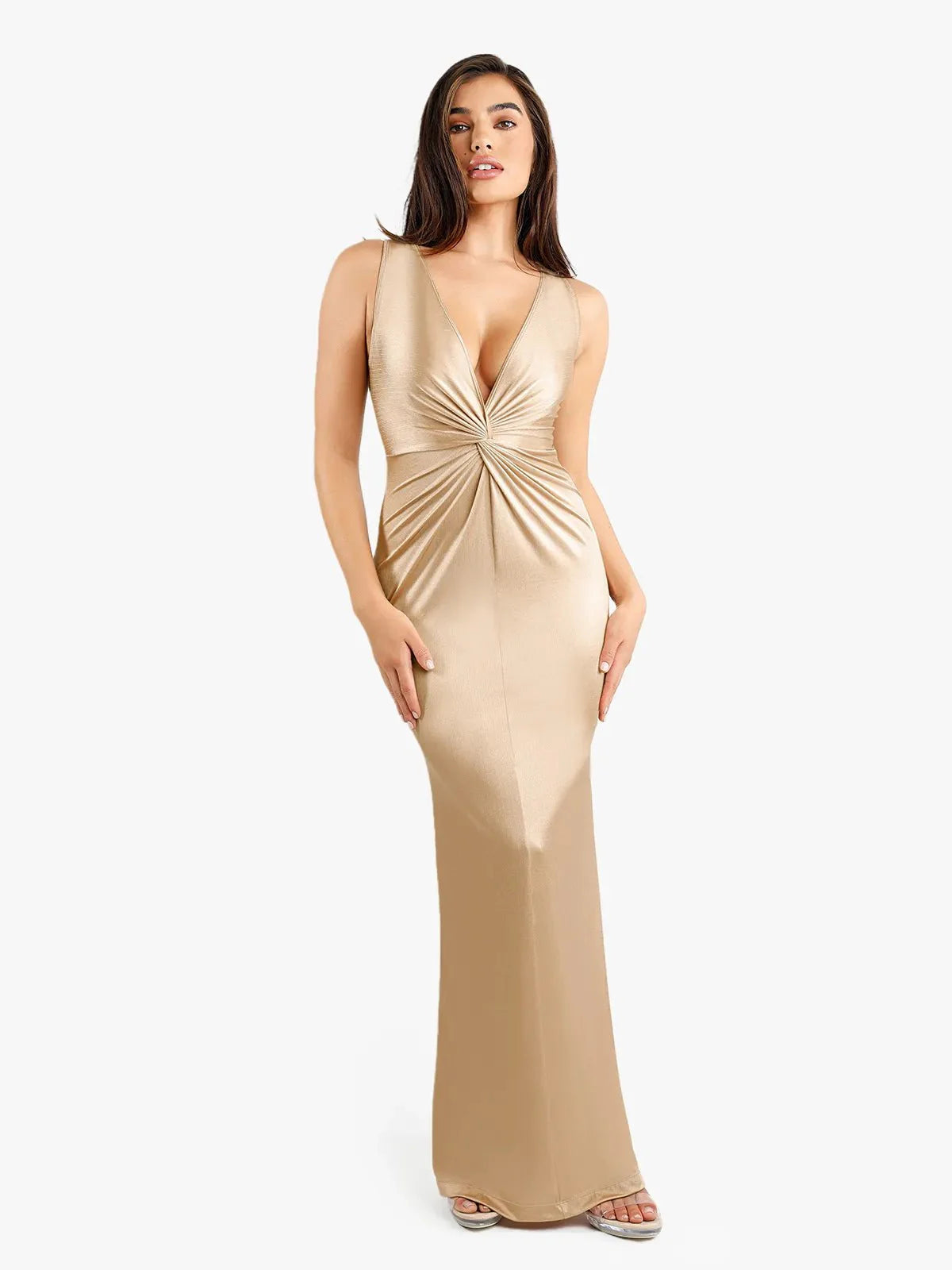 Shapewear Shine Deep V-Neck Bias Twist Hourglass Maxi Dress