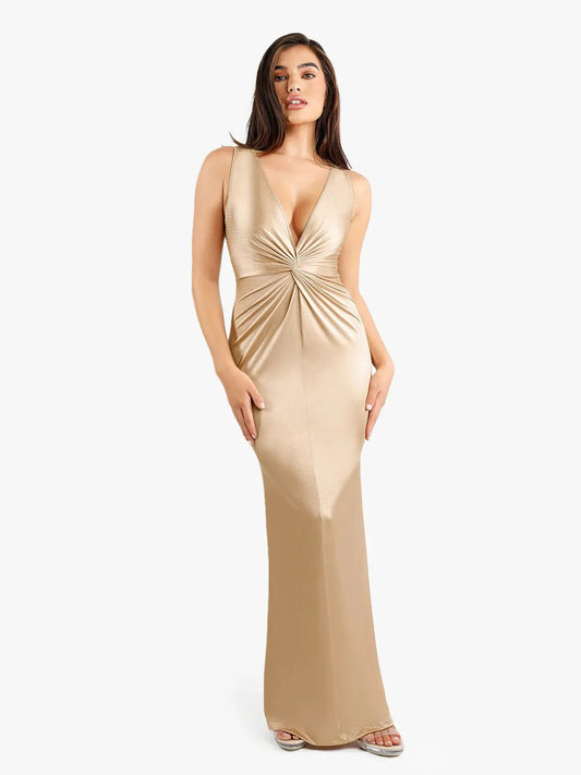 Shapewear Shine Deep V-Neck Bias Twist Hourglass Maxi Dress