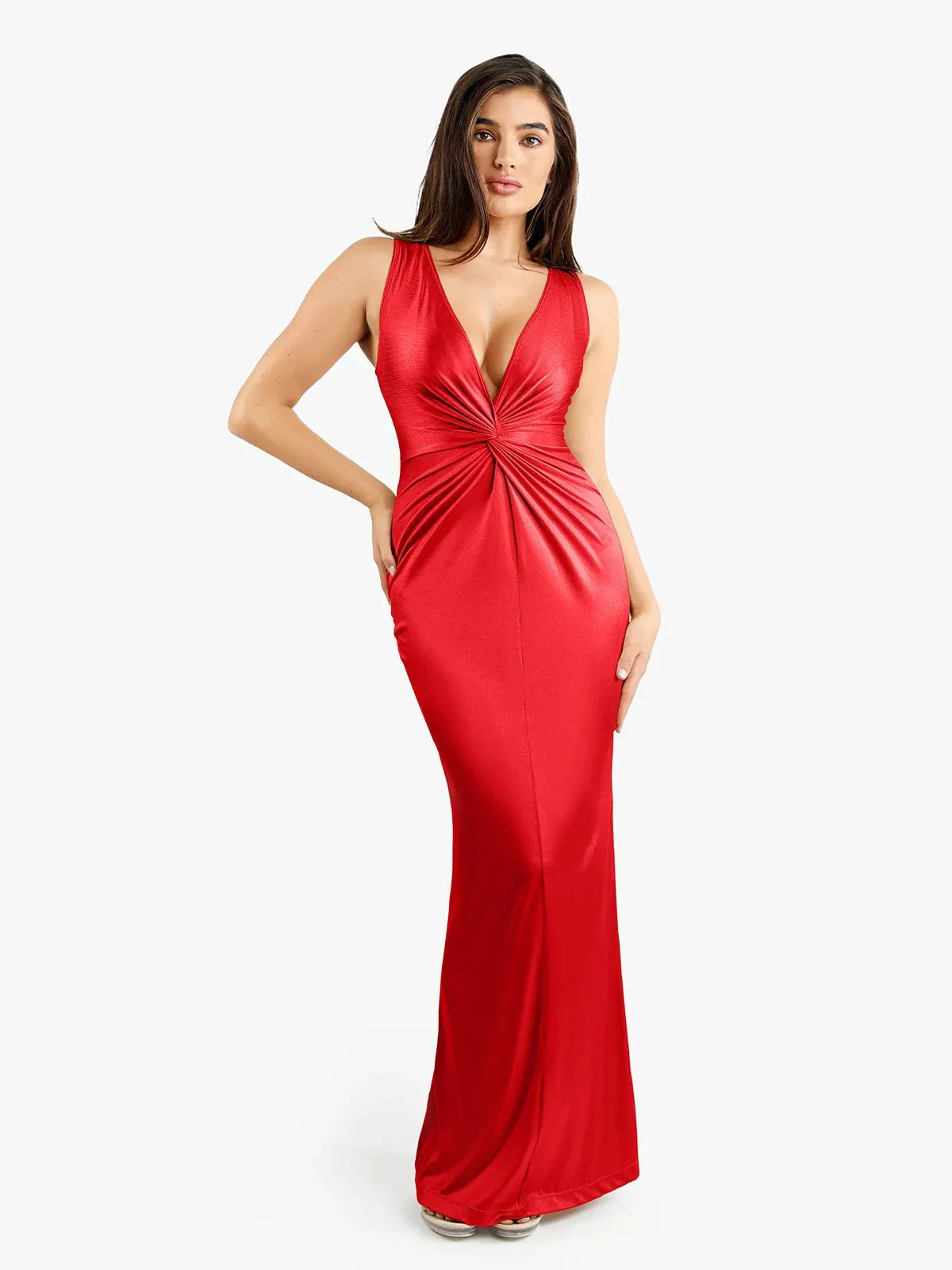 Shapewear Shine Deep V-Neck Bias Twist Hourglass Maxi Dress