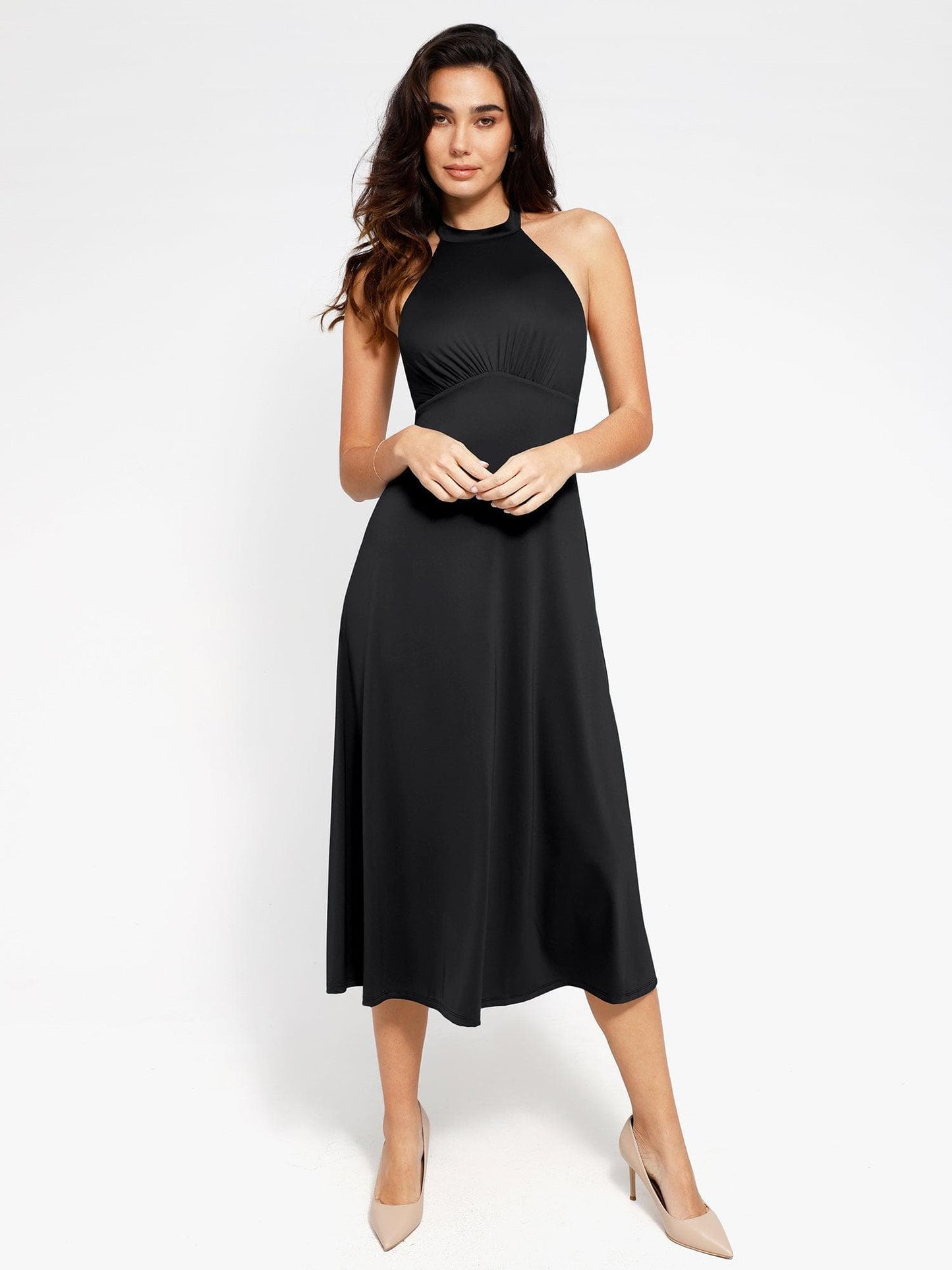 Shapewear Sculpting Backless Halter A-Line Midi Dress